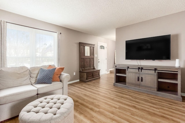 living room with a textured ceiling and light hardwood / wood-style flooring