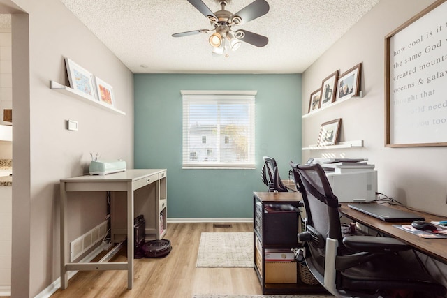 office area featuring ceiling fan, a textured ceiling, and light wood-type flooring