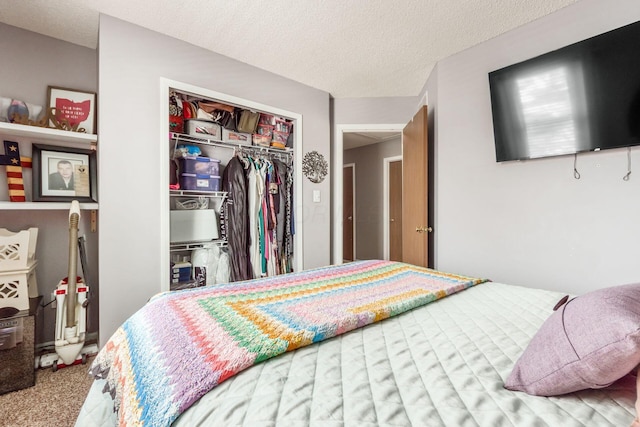 bedroom with carpet, a textured ceiling, and a closet