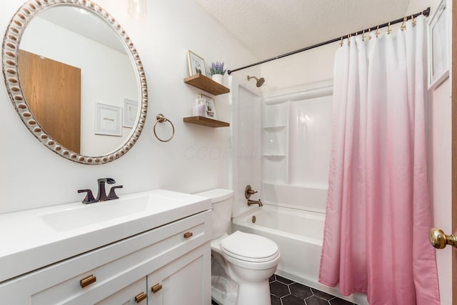 full bathroom featuring toilet, a textured ceiling, vanity, shower / bath combination with curtain, and tile patterned flooring