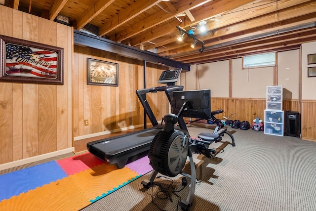 exercise area featuring carpet floors and wood walls