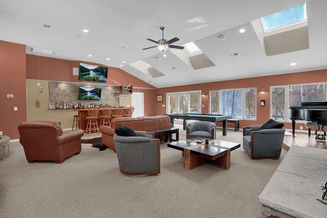 living room featuring pool table, high vaulted ceiling, ceiling fan, and bar area