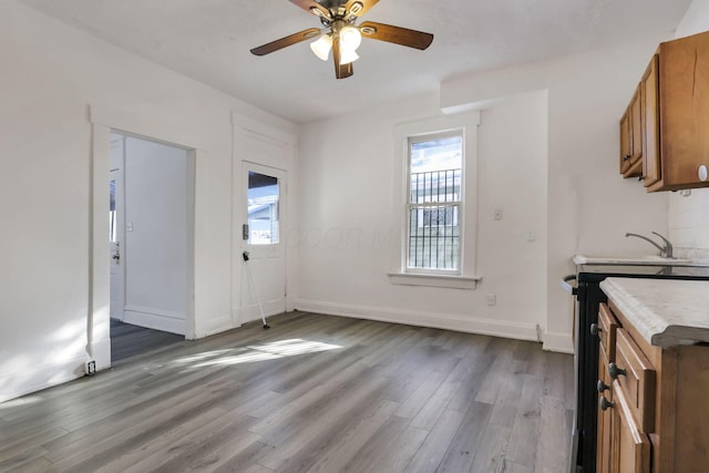 interior space featuring wood-type flooring and ceiling fan