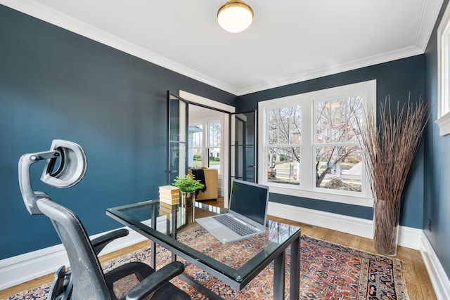 office space featuring hardwood / wood-style flooring and ornamental molding