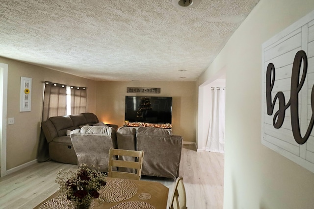 living room with light hardwood / wood-style floors and a textured ceiling