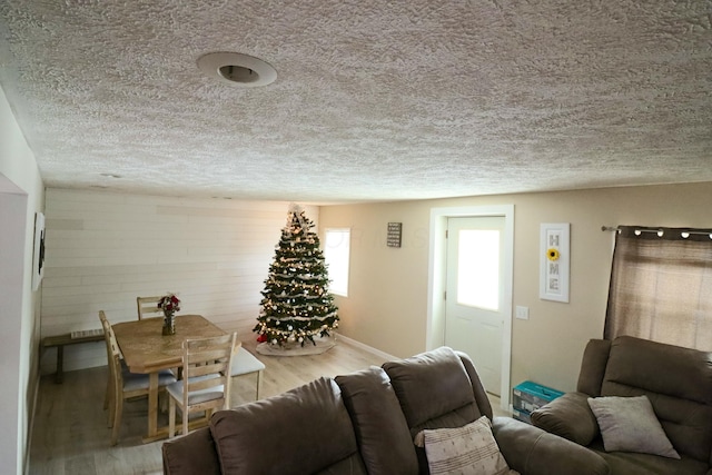 living room featuring wood-type flooring and a textured ceiling