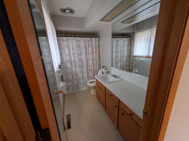 bathroom featuring vanity, toilet, and walk in shower