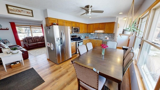 kitchen featuring sink, light hardwood / wood-style flooring, appliances with stainless steel finishes, ceiling fan, and decorative backsplash