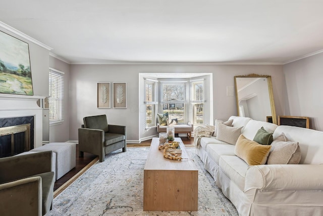 living room with light hardwood / wood-style flooring, a fireplace, plenty of natural light, and ornamental molding