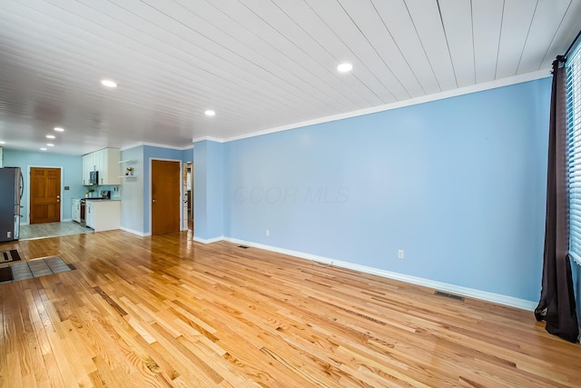 unfurnished living room with crown molding, wood ceiling, and light wood-type flooring