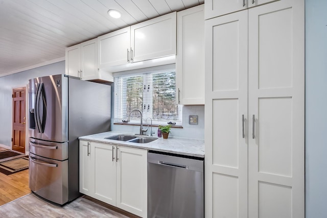 kitchen with white cabinetry, sink, light wood-type flooring, and appliances with stainless steel finishes