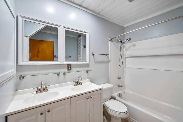 full bathroom featuring wood ceiling,  shower combination, toilet, and vanity