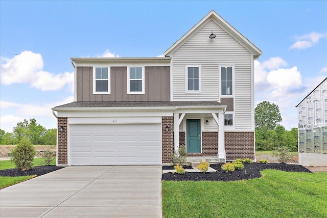 1221 Heathgate Way, Fairborn, OH 45324 - traditional-style house with concrete driveway, brick siding, an attached garage, and board and batten siding