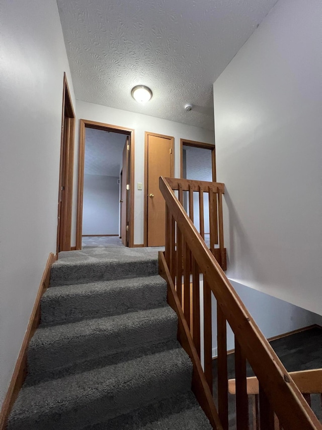 stairway featuring carpet flooring and a textured ceiling