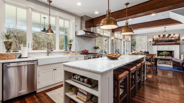 kitchen with dark wood-type flooring, a sink, open shelves, stainless steel dishwasher, and wall chimney range hood