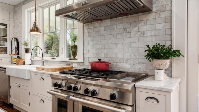 kitchen with ventilation hood, a sink, decorative backsplash, appliances with stainless steel finishes, and white cabinetry