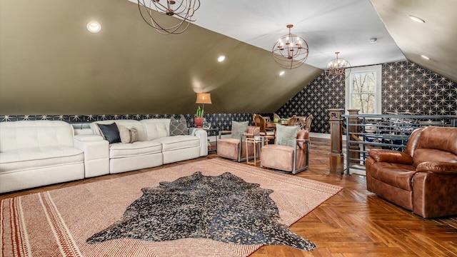 living room featuring an inviting chandelier, recessed lighting, and lofted ceiling