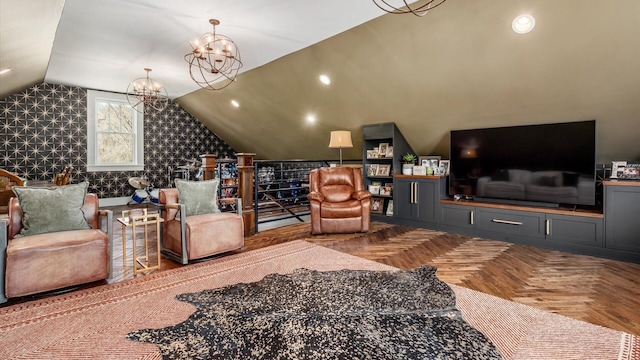 living area featuring recessed lighting, a notable chandelier, and vaulted ceiling