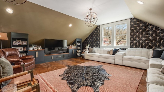 living room with a chandelier, recessed lighting, and vaulted ceiling