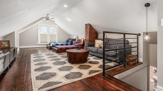 bedroom featuring lofted ceiling and dark wood-style floors