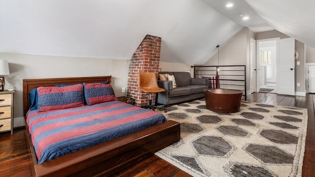 bedroom featuring recessed lighting, baseboards, wood-type flooring, and lofted ceiling