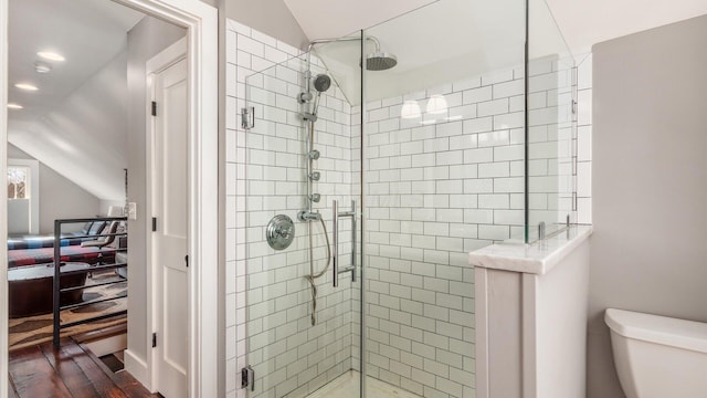 full bathroom with a shower stall, toilet, and lofted ceiling