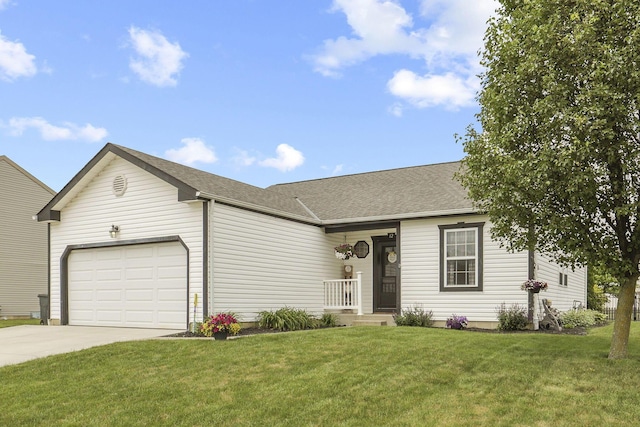 single story home featuring a garage and a front lawn