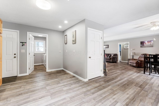 entrance foyer featuring recessed lighting, baseboards, ceiling fan, and light wood finished floors