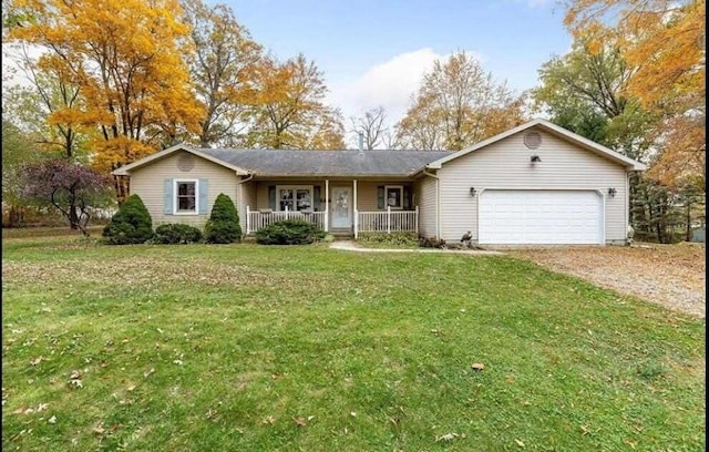 single story home with an attached garage, covered porch, gravel driveway, and a front yard