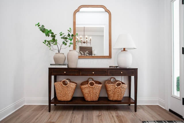 details featuring hardwood / wood-style floors and a notable chandelier