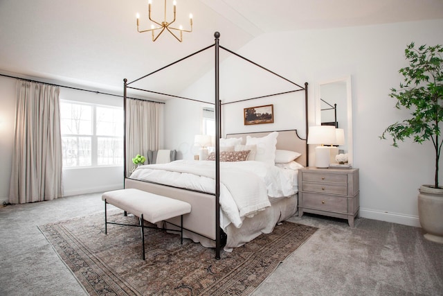 carpeted bedroom featuring an inviting chandelier and lofted ceiling