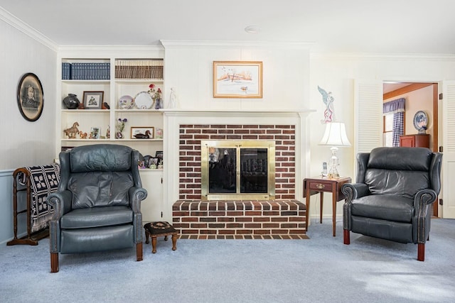 living area featuring a brick fireplace, crown molding, and carpet