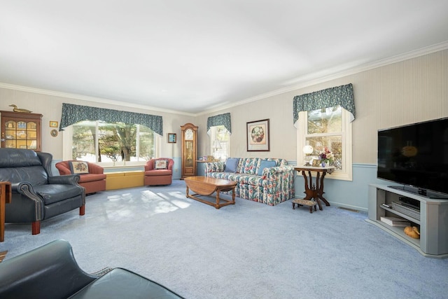 carpeted living room featuring crown molding