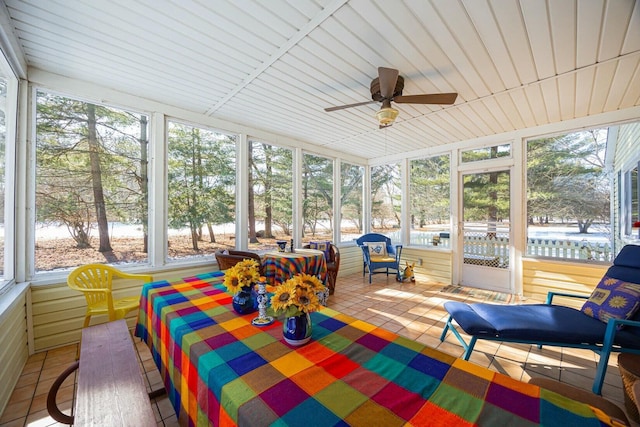 sunroom / solarium featuring ceiling fan