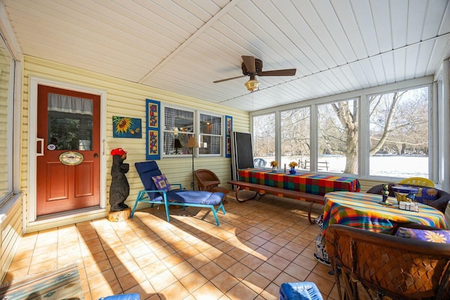 sunroom featuring wood ceiling and ceiling fan