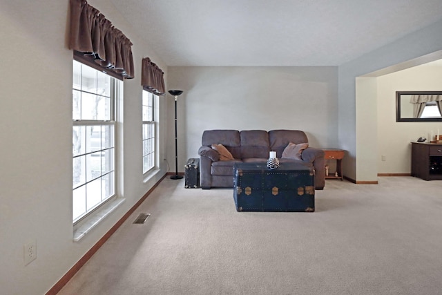 living room featuring light carpet