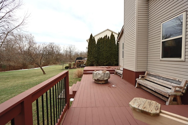 wooden deck featuring a lawn