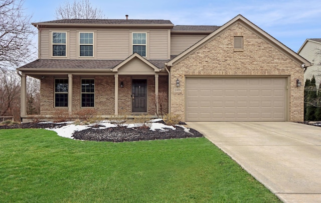 view of property with a porch, a garage, and a front lawn