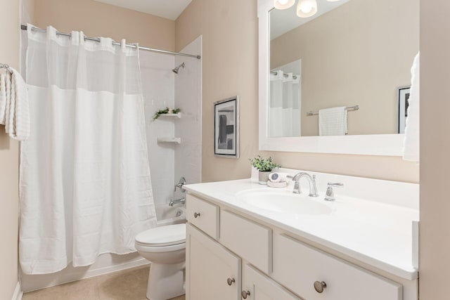 full bathroom featuring tile patterned flooring, vanity, shower / tub combo, and toilet