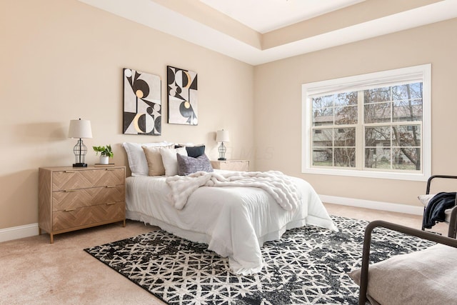 carpeted bedroom with a raised ceiling