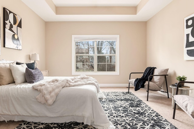 bedroom with a raised ceiling and carpet flooring