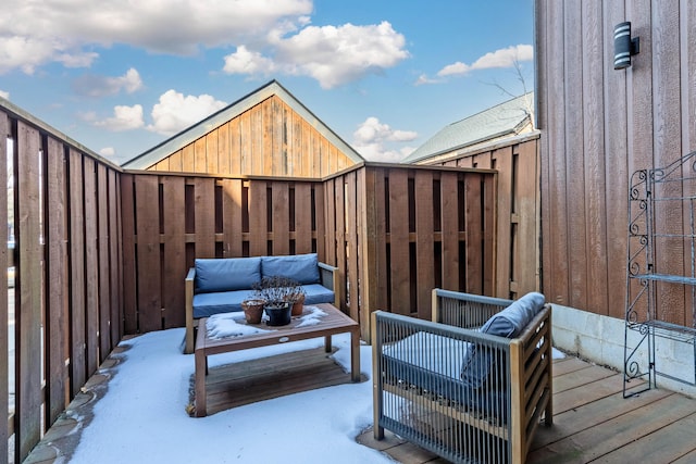 view of snow covered patio