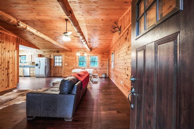 living room with wood ceiling, dark wood-type flooring, lofted ceiling with beams, and wood walls