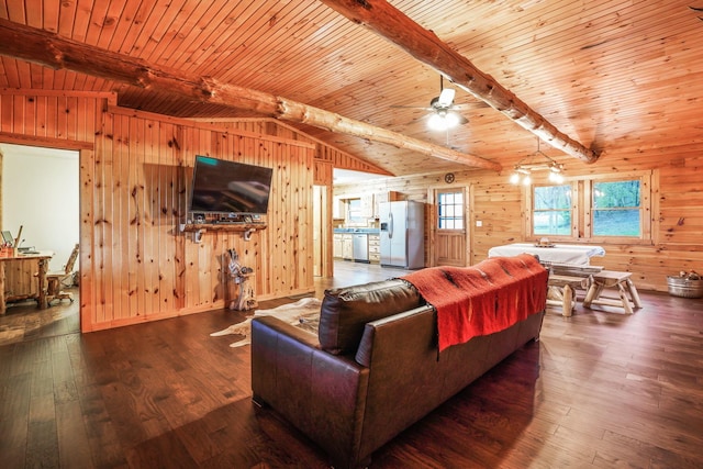 living room with hardwood / wood-style floors, wooden walls, lofted ceiling with beams, and wooden ceiling