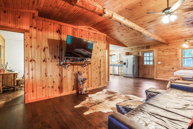 living room with wood ceiling, dark hardwood / wood-style flooring, lofted ceiling with beams, and wood walls