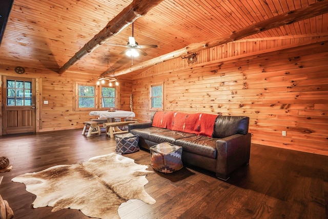 living room with vaulted ceiling with beams, wood ceiling, wooden walls, and dark hardwood / wood-style floors