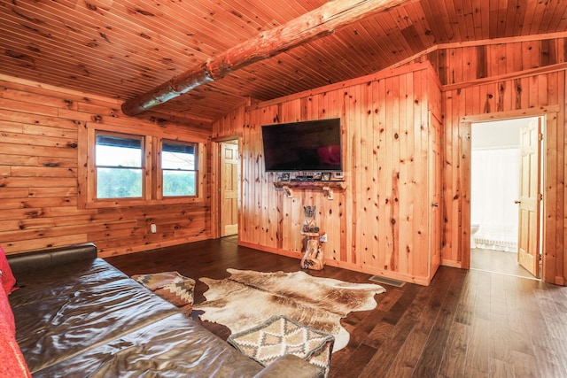 unfurnished living room featuring lofted ceiling with beams, dark hardwood / wood-style floors, wooden ceiling, and wood walls