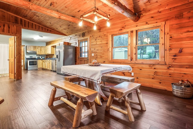 dining area with hardwood / wood-style flooring, vaulted ceiling with beams, and wooden ceiling