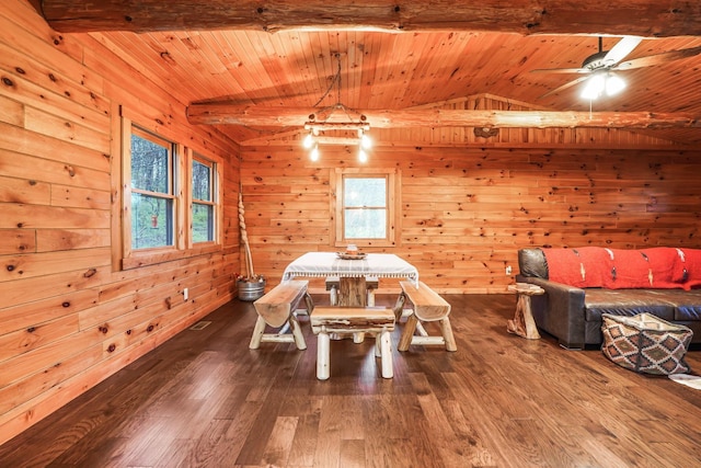 unfurnished dining area with hardwood / wood-style flooring, wooden walls, vaulted ceiling with beams, and wood ceiling