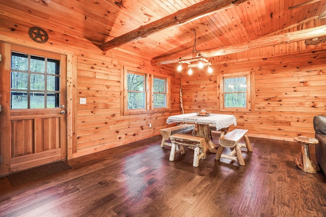 dining room with wood ceiling, a healthy amount of sunlight, and dark hardwood / wood-style flooring